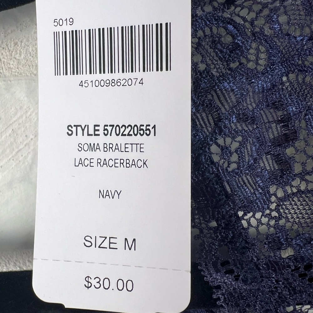 NWT Soma Bralette Lace Racerback Pullover M Medium Navy Blue #0644 - Picture 6 of 10